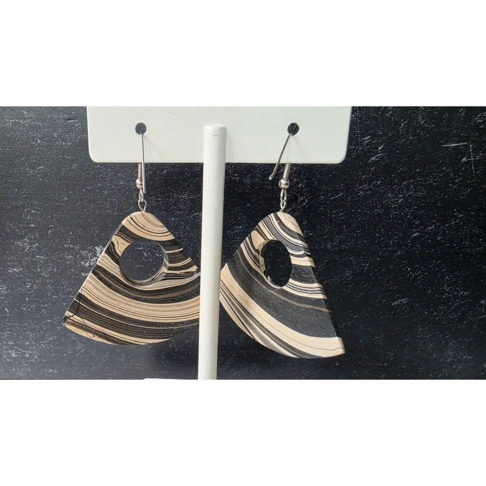 Bohemian Wooden Triangular Shaped Dangling Earrings Vintage